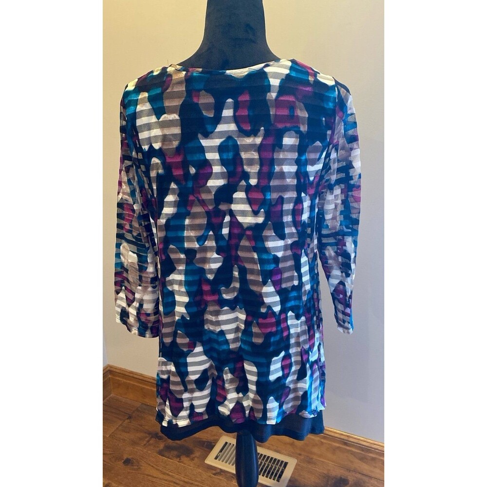 Dana Bachman Blouse Sz Medium Top Sheer Overlay Purple Green Black Rounded Neck - Picture 5 of 12